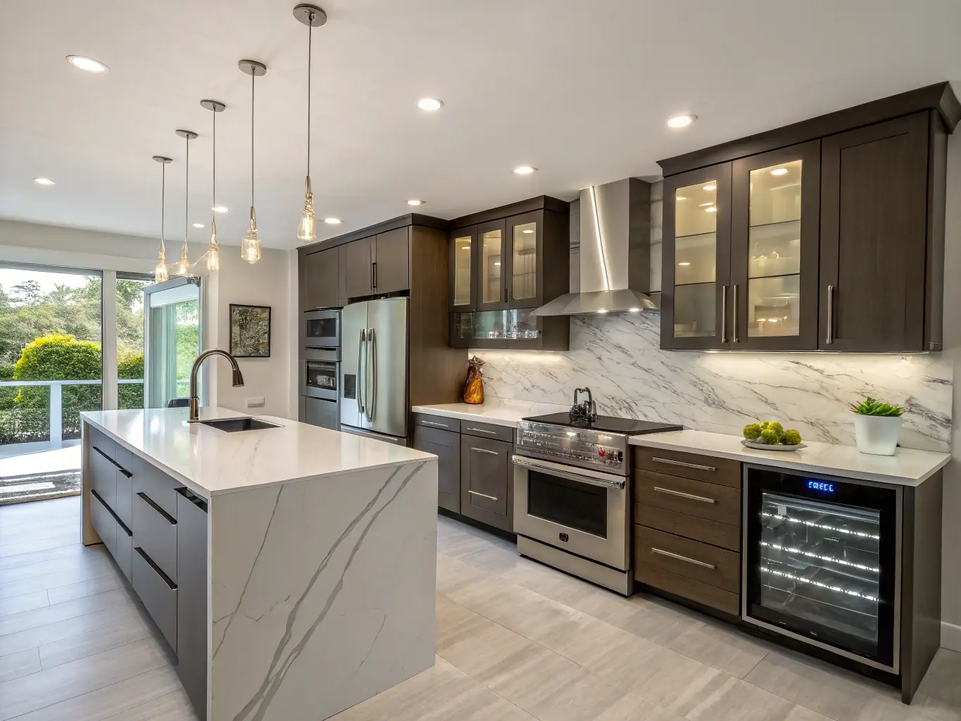 A sleek, modern kitchen with new white cabinets, quartz countertops, stainless steel appliances, and updated lighting, showcasing the results of a kitchen remodel by Eric's Home Repair.