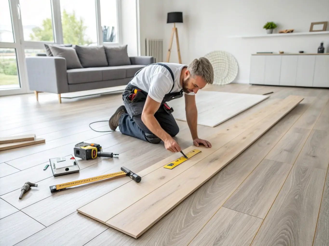 A photo showing a skilled worker installing hardwood flooring in a bright, modern living room, emphasizing craftsmanship and attention to detail for the Flooring Installation and Repair service section.