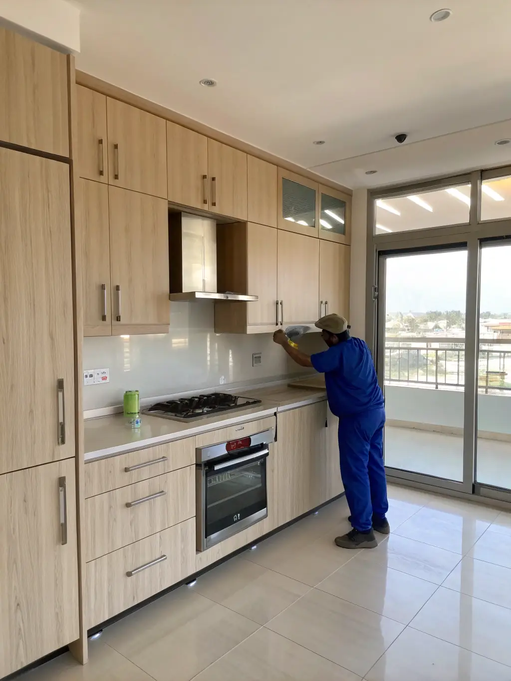 A bright, renovated kitchen featuring new cabinets, countertops, and stainless steel appliances, with a craftsman making final adjustments.