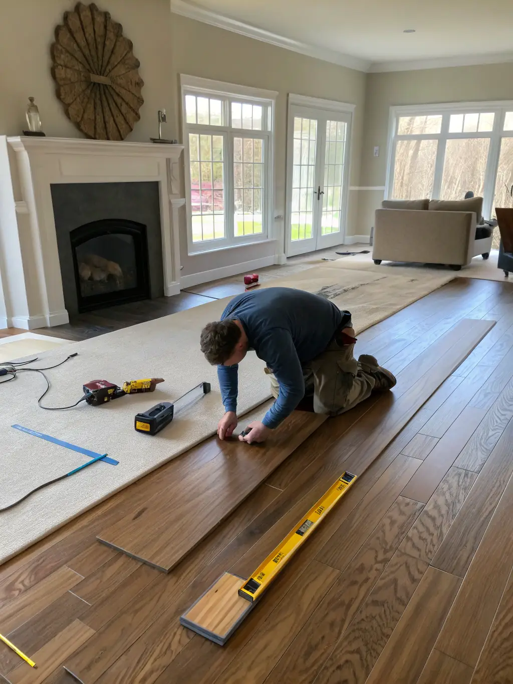 A close-up photo of a craftsman installing hardwood flooring in a bright Traverse City living room, with natural light highlighting the wood grain and professional tools in use.