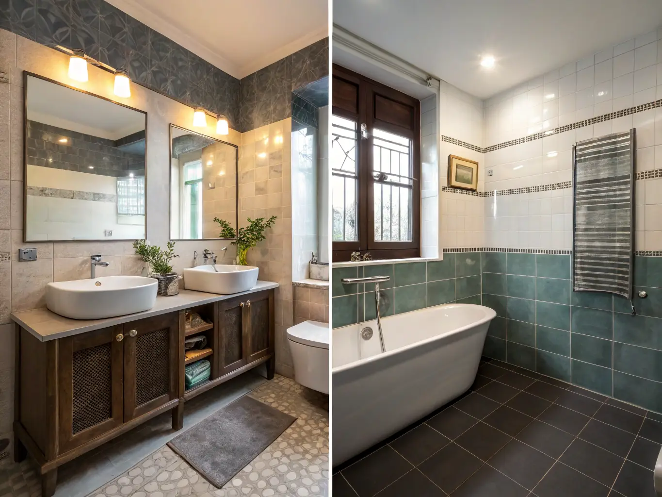 A before-and-after image of a renovated bathroom featuring modern fixtures, elegant tile work, and improved lighting, illustrating the transformation possible with Eric's Home Repair bathroom remodels.