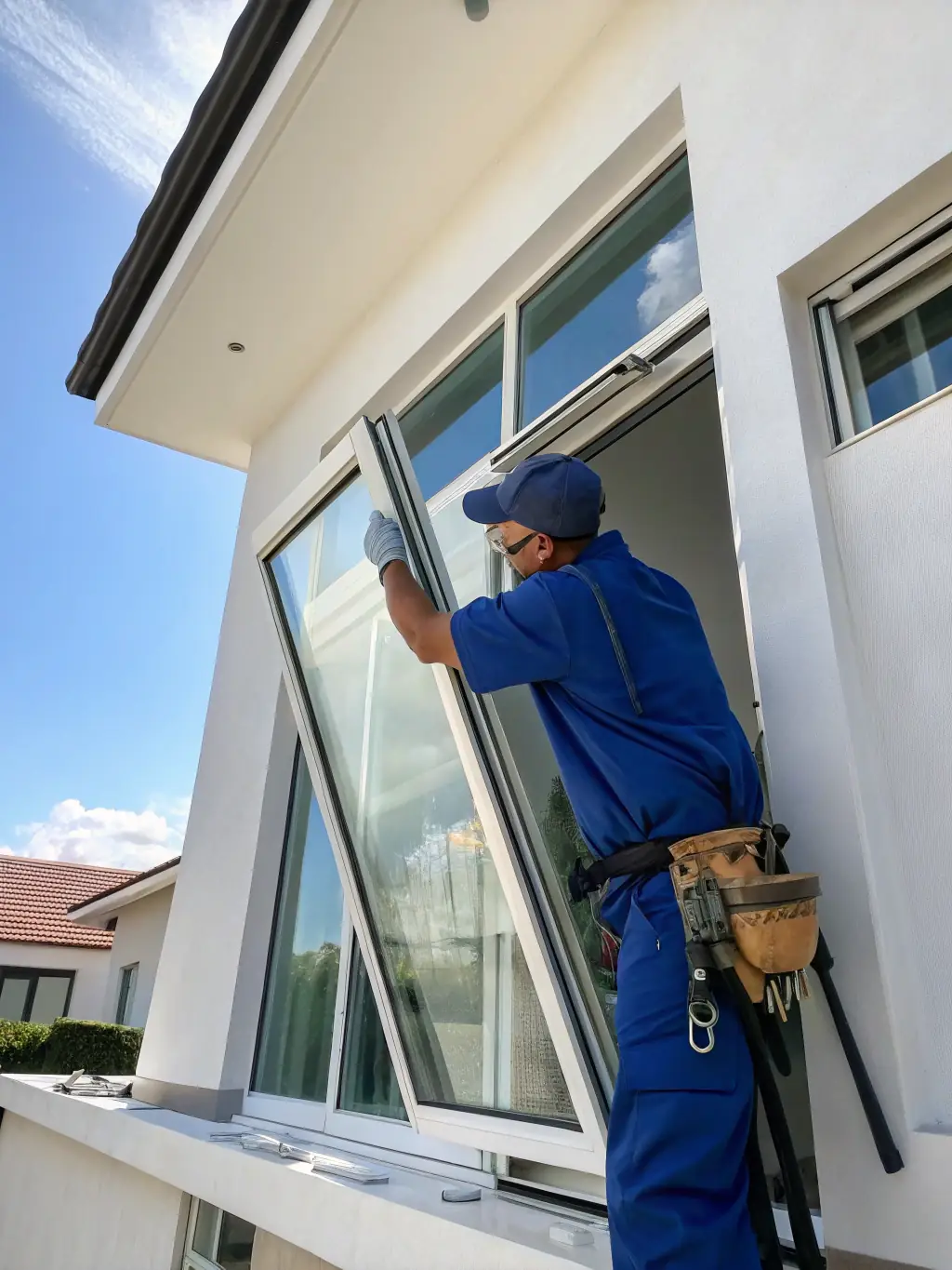 A professional installing a new energy-efficient window in a residential home, with a scenic Traverse City neighborhood visible outside.